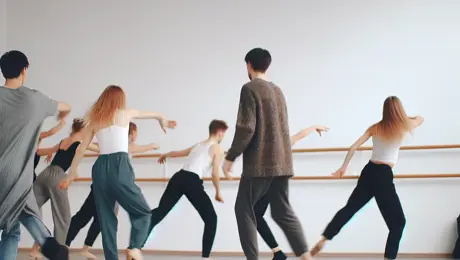 DALL·E 2024 03 01 10.29.41 A Dance Company Is Rehearsing In A Spacious Studio. Dancers Are In Motion, Practicing Choreography. The Choreographer Is Guiding Them. The Atmosphere