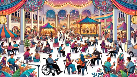 DALL·E 2024 07 08 18.15.59 A Vibrant Cultural Event Scene With People Enjoying Various Activities. The Setting Includes A Beautifully Decorated Venue With Colorful Lights And De
