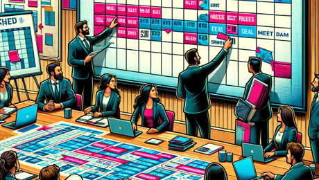 DALL·E 2024 02 01 20.57.53 A Detailed And Vibrant Illustration Of A Planning Team In A Meeting Room Surrounded By Planning Documents, Calendars, And Laptops, Actively Discussing
