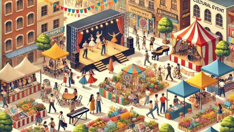 DALL·E 2024 07 08 19.13.24 A Vibrant Scene Of A Cultural Event Where Various Groups And Organizations Are Collaborating. A Theater Group Is Performing On A Stage, A Dance Group