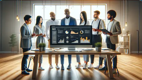 DALL·E 2024 04 26 10.18.07 A Modern, Visually Appealing Image Of A Cultural Organization's Digital Team Gathered Around A Large Screen, Reviewing SEO Data. The Team Consists Of