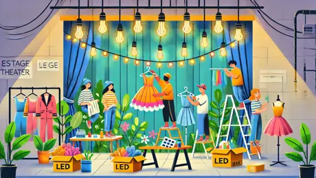 DALL·E 2025 04 12 22.25.25 A Colorful And Cheerful Backstage Theater Scene Where A Diverse Team Is Working With Eco Friendly Materials. There Are Reusable Set Pieces, LED Stage