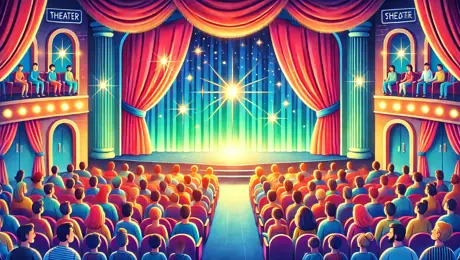DALL·E 2024 07 08 20.07.36 A Vibrant Theater Scene With An Excited Audience Seated And Ready For A Performance. The Stage Is Brightly Lit, With Curtains Drawn Back, Revealing A