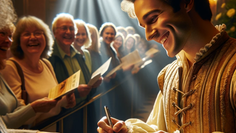 DALL·E 2024 02 01 20.56.04 In A Warmly Lit Theater Foyer, A Radiant Actor In Costume Is Smiling As They Sign A Program For An Admiring Fan. The Background Shows Other Fans Waiti