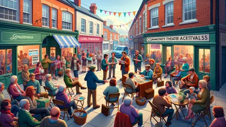 DALL·E 2024 04 26 09.25.05 A Lively Community Theater Scene Depicted In A Small Town Setting. The Image Should Show A Bustling Street Festival With A Small Theater Group Activel
