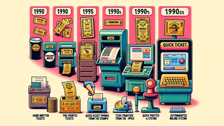 DALL·E 2024 07 08 18.36.08 A Historical Timeline Of Theater Ticketing Systems, Starting From Hand Written Tickets, To Pre Printed Cards With Stamps, To Quick Ticket Printers Fro