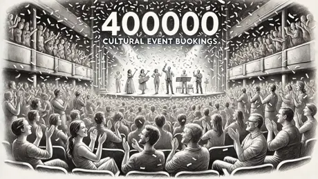 DALL·E 2025 02 06 12.01.56 A Pencil Sketch Style Illustration Celebrating 400,000 Cultural Event Bookings. The Image Features A Joyful Crowd In A Theater, Applauding A Performan