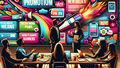 DALL·E 2024 02 01 20.58.02 A Dynamic And Colorful Depiction Of A Promotion Team Brainstorming Strategies For Meet & Greets. One Team Member Is Presenting New Ideas To Colleagues