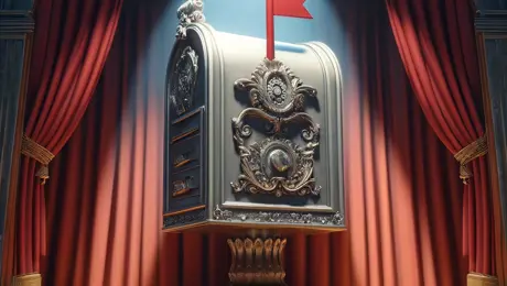 DALL·E 2024 04 26 08.56.52 A Surrealistic Illustration Depicting A Giant, Ornate Mailbox Standing In The Center Of A Traditional Theater Stage. The Mailbox Is Oversized, With El