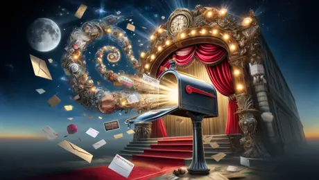 DALL·E 2024 04 26 09.28.07 A Surrealistic Illustration Featuring An Ornate Mailbox As A Central Theme, Set In A Theatrical Environment. The Mailbox Is Oversized And Styled Like