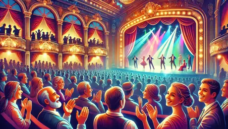 DALL·E 2024 07 08 18.51.20 A Vibrant And Lively Theater Scene With An Audience Enjoying A Performance. The Image Includes A Beautifully Lit Stage With Actors Performing, And The